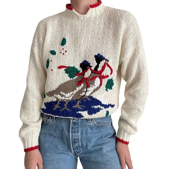 Vintage Studio 80s Womens Hand Knit Cotton Farm Duck Motif Sweater Sz S - Picture 1 of 8